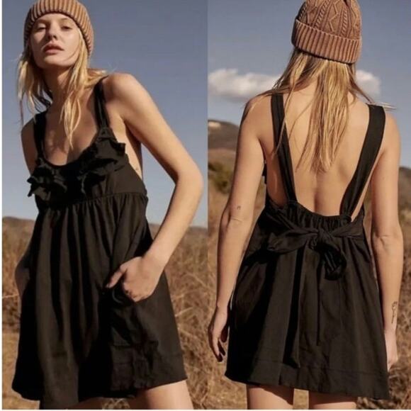 Free People/ FP Beach Valley Mini Dress Black‎ Ruffle Size Large BE180-182 - Picture 1 of 9